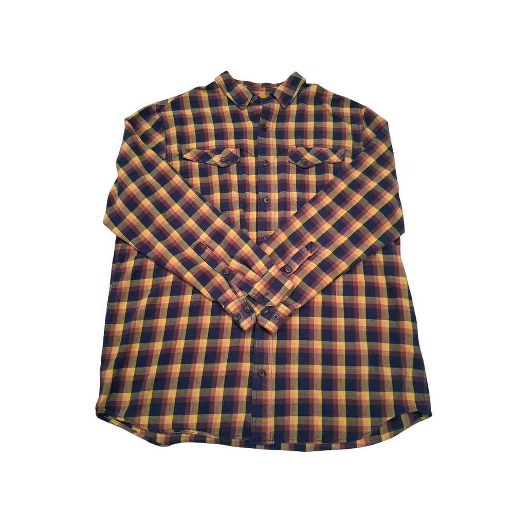 Duluth Trading Co Mens XL Tall Plaid Flannel Shirt Orange Blue Button Down